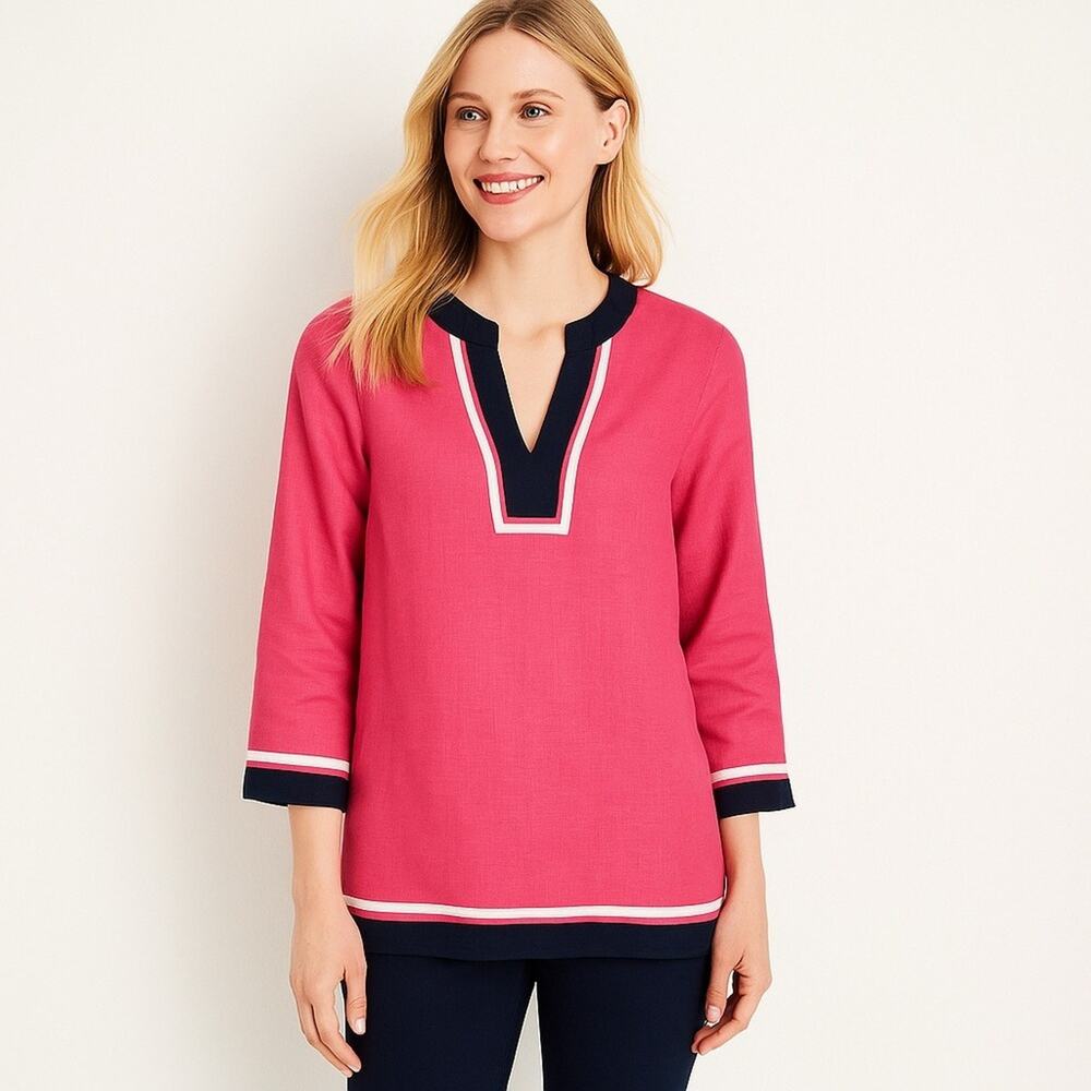 Talbots Petites 100% Linen Tunic Top, Pink with Navy Trim, SIZE P Coastal Resort